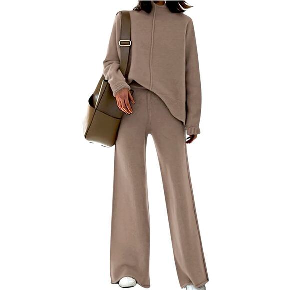 Coordinating 2 Piece Set Sweater Knit Wide Leg Pants Lounge Taupe Women Size XL - Picture 1 of 13